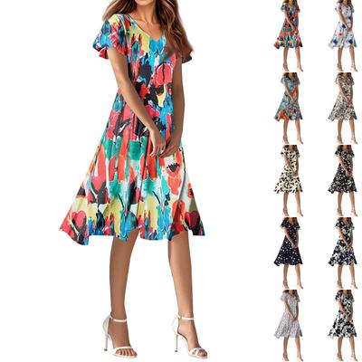Women's Summer Casual Fashion Flower Print Dress V Neck Short Sleeve Short Skirt