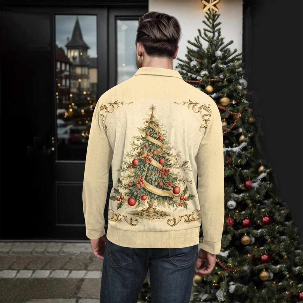 Men's Christmas Cotton Pullover Long Sleeve Outdoor Shirt Vintage Corduroy Button Stand Collar Shirt Casual Sweatshirt Christmas Print Top