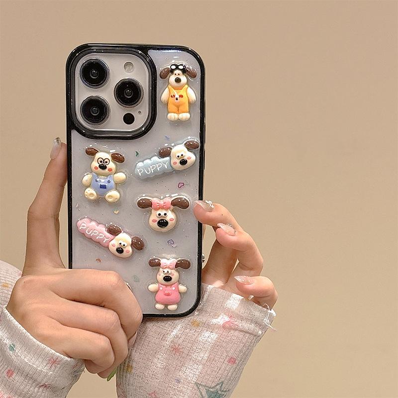 Cartoon puppy mobile phone case for Iphone16Promax transparent Epoxy Apple 15 sequins 17 women's models