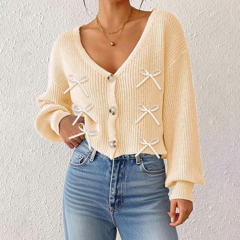 Cardigan de damă uni cu nasturi, cu decolteu adânc în V, jachetă scurtă lejeră, top casual