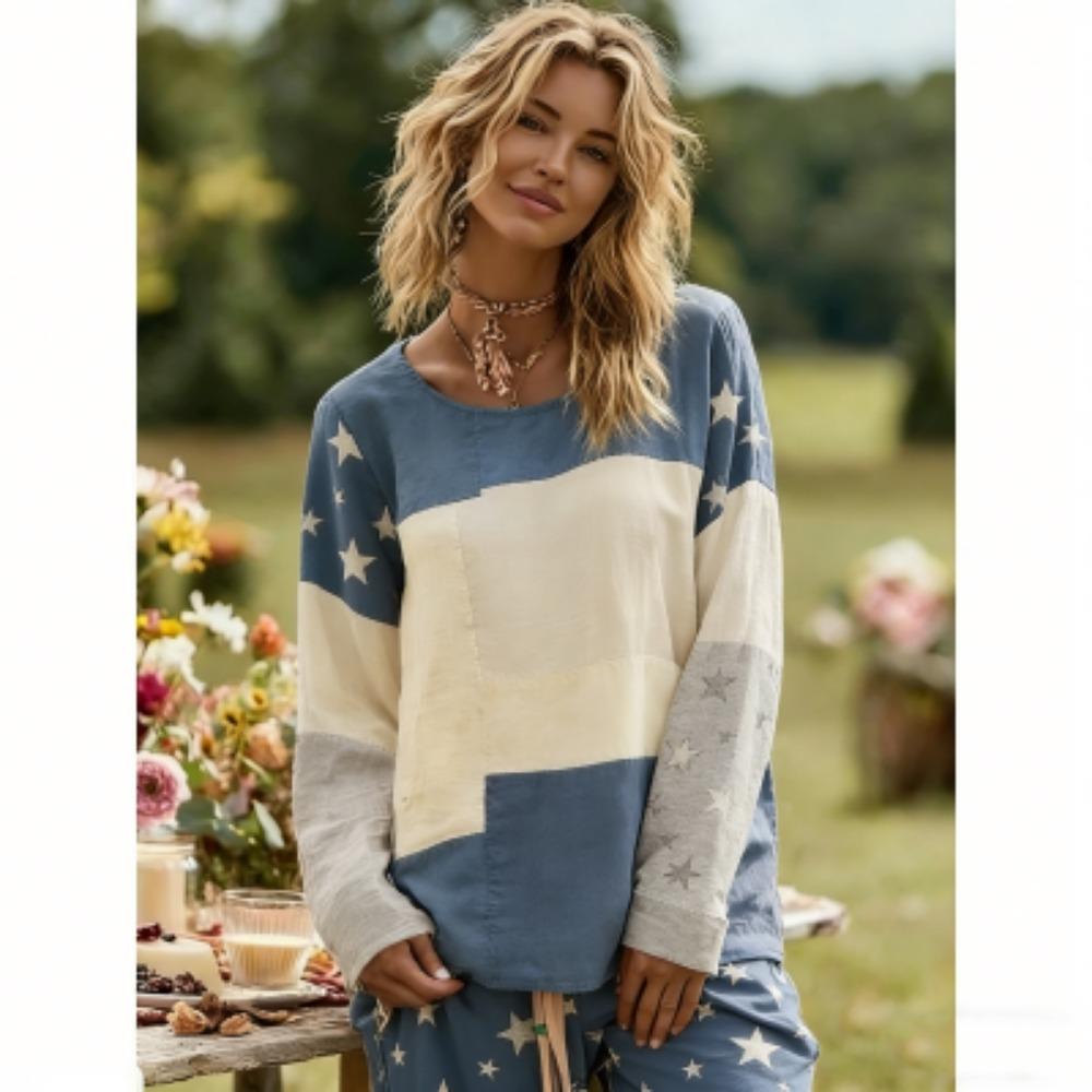 Fashion Splicing Colors Flower Print Women's T-shirt Pullover Europe America Women Long Sleeve Clothing Outdoor Casual Tees Top
