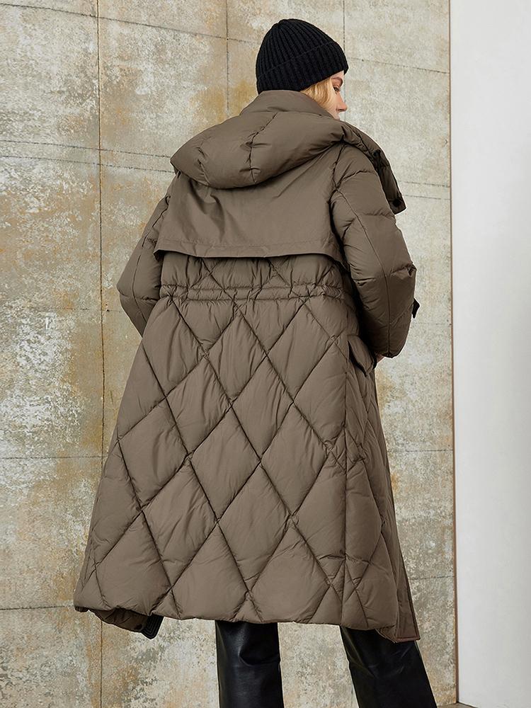 PINK CHIC 2025 New Winter Coat Women Down Jackets High Quality Rhombic Warm Lace up Hooded Long version Female Parka W6553