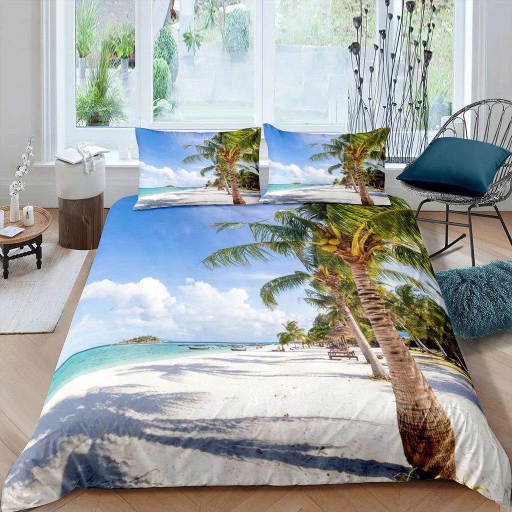 Summer Beach Duvet Cover Set Queen Ocean Bedding Set Hawaiian Palm Trees Marine Life Sea Waves Fish Printed Comforter Cover Set