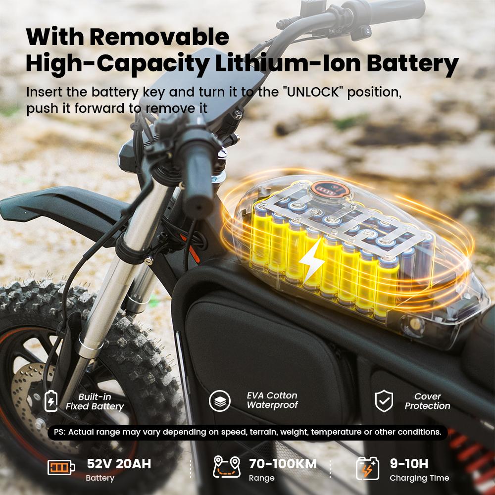 iScooter DX5 Max Electric Dirt Bike, 2000W Motor 52V 20AH Battery, E-Bike For Adults Dual Hydraulic Disc Brakes & NFC Color Display