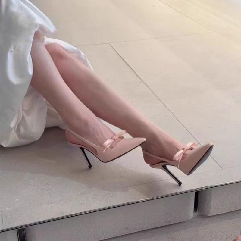 Fashion Women's Fashion Baotou High Heels Spring New Pointed Head Shallow Bow A Slip-on Wear Resistance Temperament Fine Heel Sandals