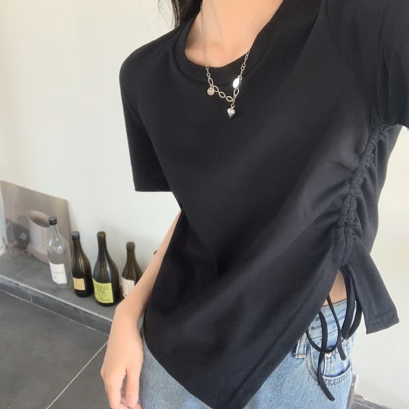 Tricouri de vară solide neregulate pentru femei, tricou cu mânecă scurtă și guler O, casual, Slim, elastic, cu șnur, y2k, crop topuri, haine pentru femei