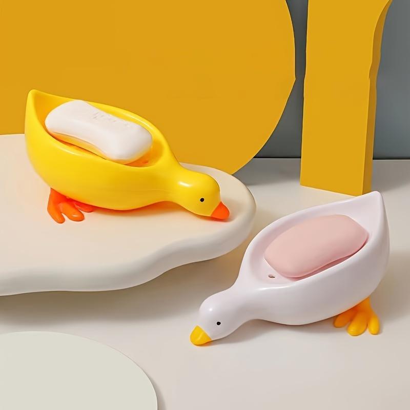 

1Pc Cute Duck-Shaped Soap Dish with Waterfall Design - Self-Draining, Easy-Clean Plastic Soap Holder for Bathroom, Yellow Beak & Feet белый