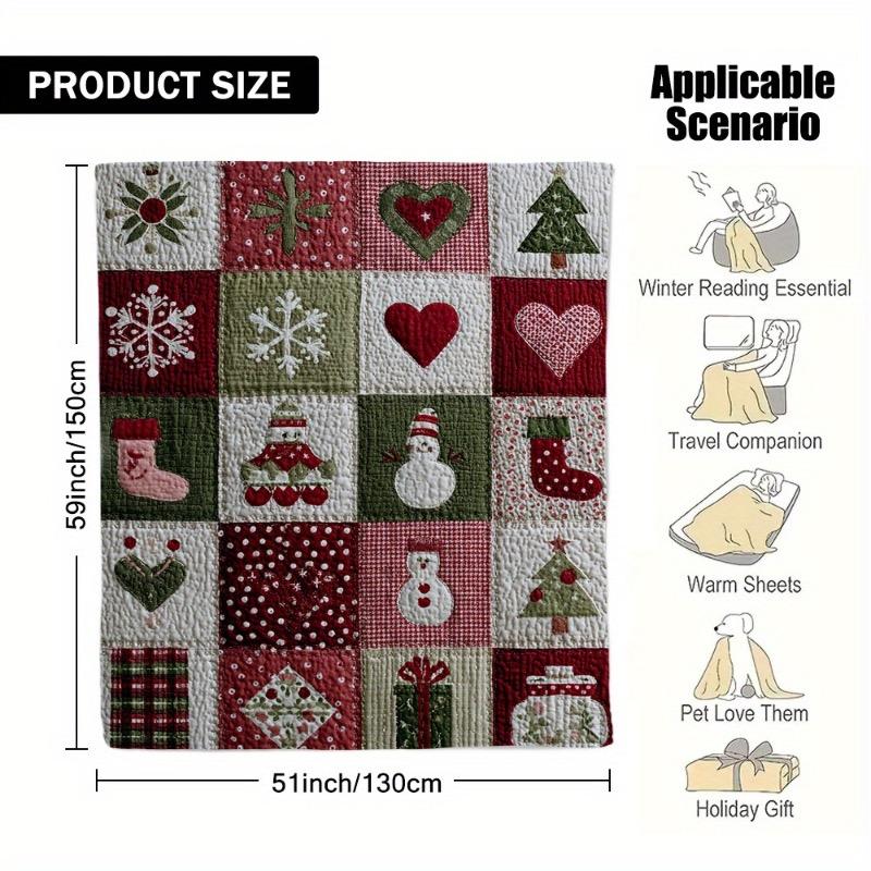 1pz Trapunta Festiva di Natale con Stampa di Quadrati in Flanella - Accogliente Design Festivo con Cappelli di Babbo Natale Cuori e Fiocchi di Neve