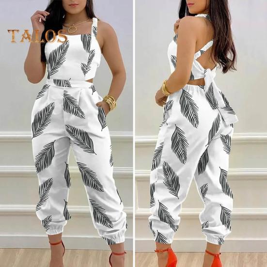 Women Jumpsuit Sleeveless Color Matching Printed Lace-up Bow Cross Back Pockets Ankle-banded Backless High Waist Lady Commute Party
