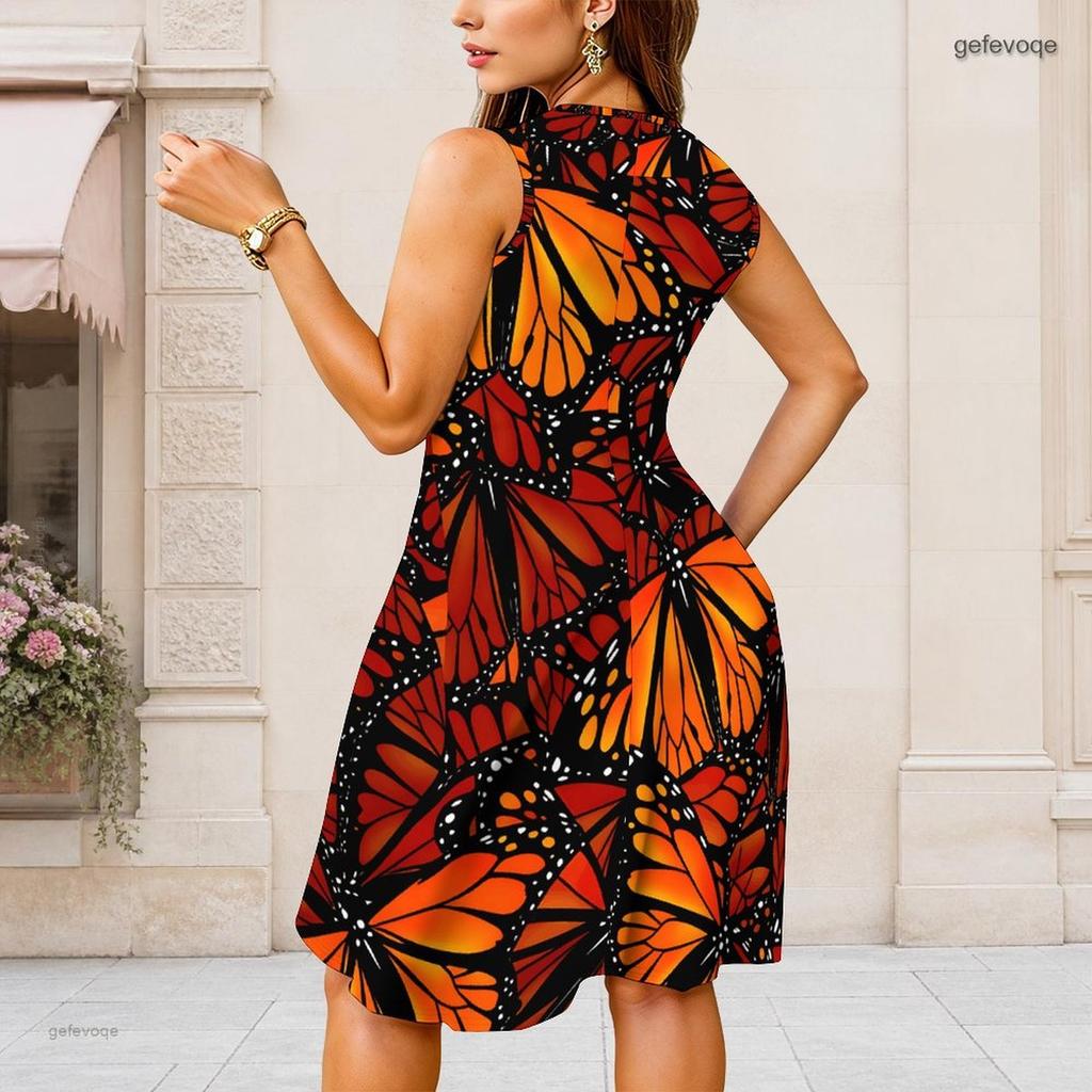 Damen Übergröße Rundhals Ärmellos Schwarz Weiß Geometrisch Bedruckt Raffung an der Taille A-Linie Midi-Kleid