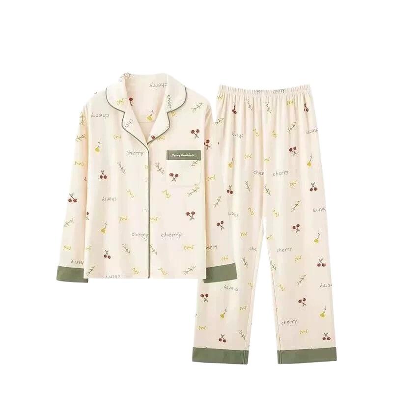 Pigiama in Cotone da Donna Primavera e Autunno Manica Lunga Indumento Esterno Servizio Casalingo Coreano Completo Camicia e Pantaloni a Manica Lunga
