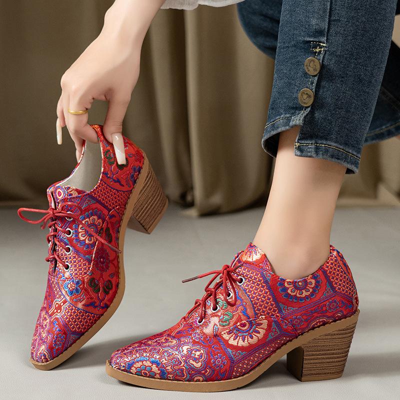 Spring and Autumn women's short boots printed fabric thick sole thick heel high heel front lace-up casual women's shoes deep mouth large size pointed