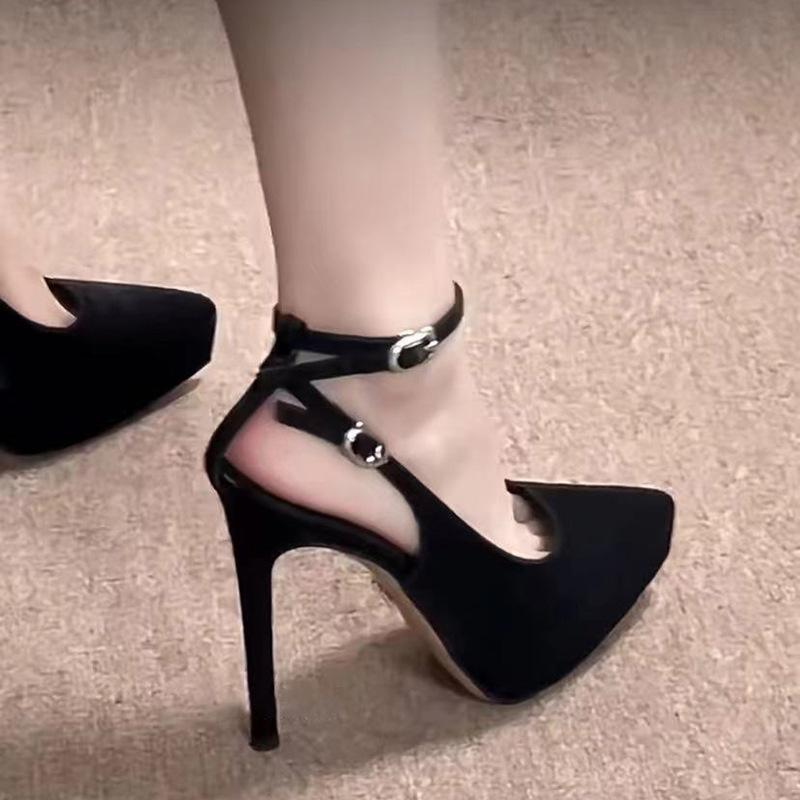 Waterproof Table Black Pointed High Heels Women's 2025 Summer New One-word Buckle Thick-soled Satin Niche Elegant Single Shoes