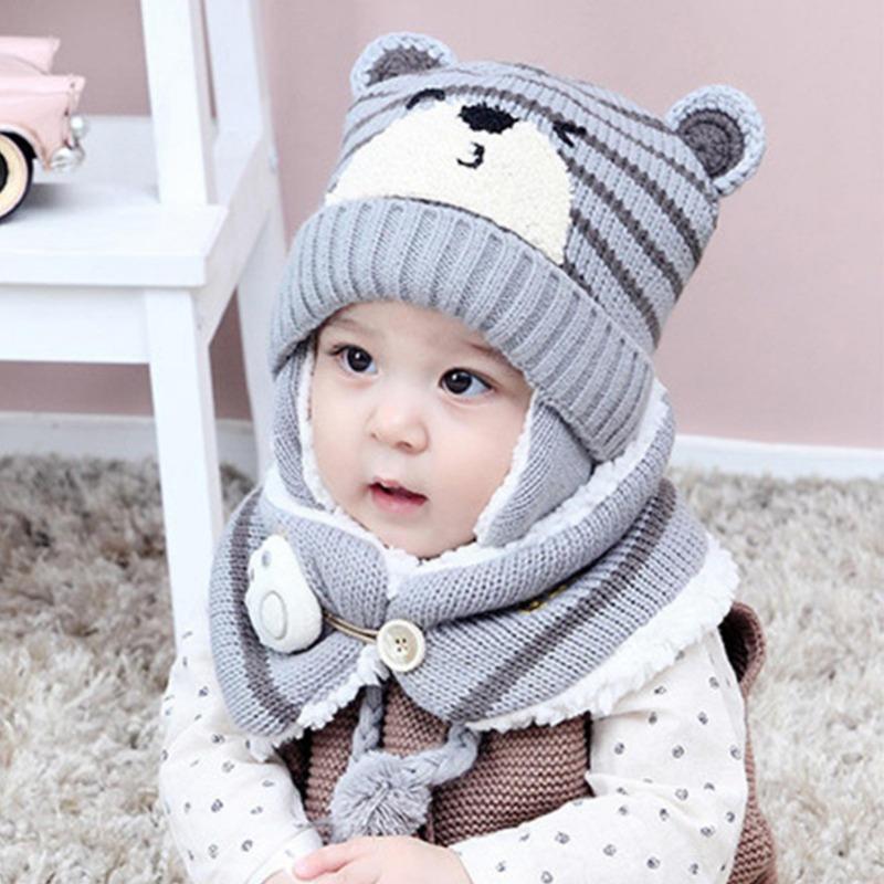 Winter Kids Baby Girls Boys Cartoon Bear Stripe Knit Hat Cap Woolen Yarn Scarf  Hat Keep Warm Set For Outdoor