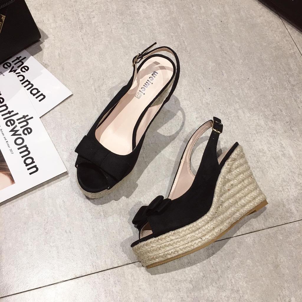 Summer 2025 New Fishmouth Suede Waterproof Platform Thick-Soled Jute Rope Straw Woven Wedge Heel Women'S Shoes