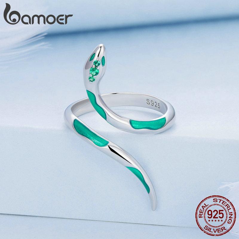 BAMOER 925 Sterling Silver Zelené smaltované zirkony Zelený had otevírací prsten pro ženy Jednoduché a módní prsteny