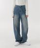 Akeusi Loose Textured Stripe Balloon Fit Wide Denim Pants Unisex (Medium Blue)