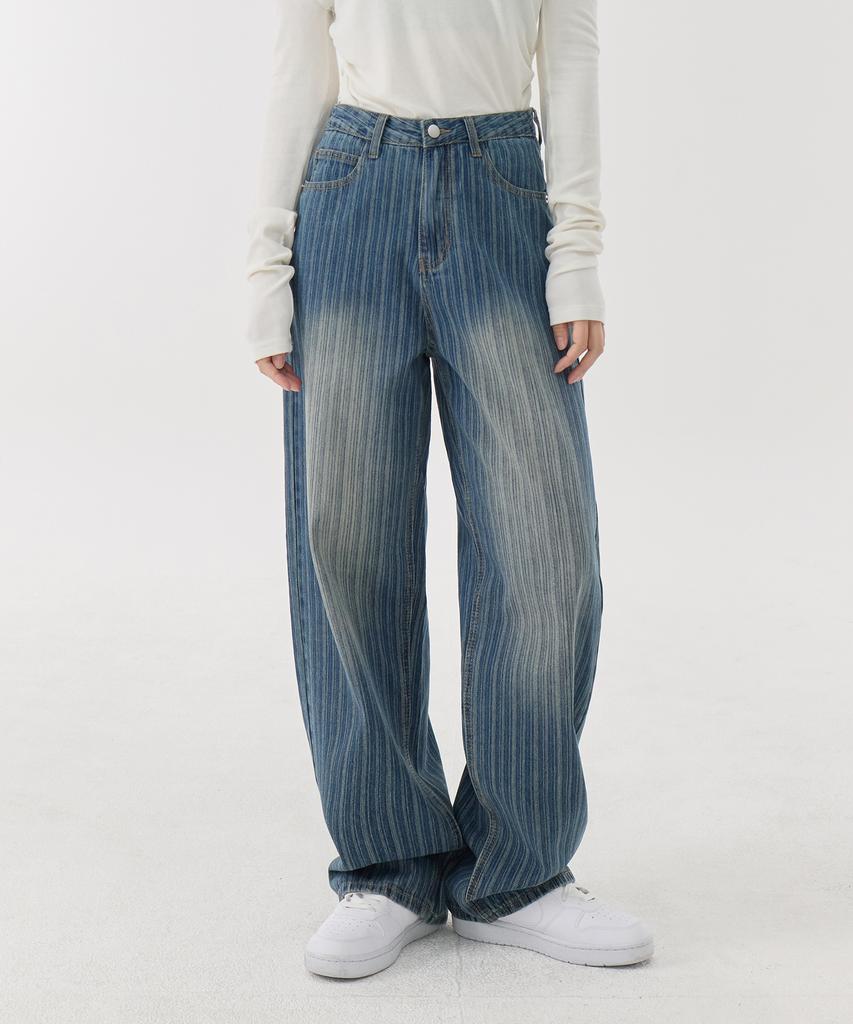 Akeusi Loose Textured Stripe Balloon Fit Wide Denim Pants Unisex (Medium Blue)