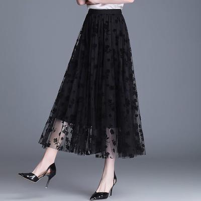 Saia Midi Solta Feminina Elegante Casual Feminina Versátil Primavera Verão Saia de Malha Flor de Crochê