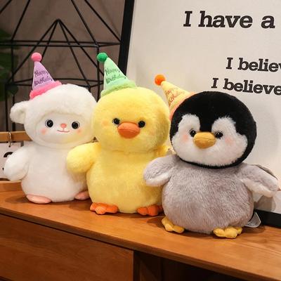 Cartoon Birthday Penguin Sheep Duck Plush Toy Cute Stuffed Birthday Hat Animal Children Kids Doll Soft Pillow Birthday Gift
