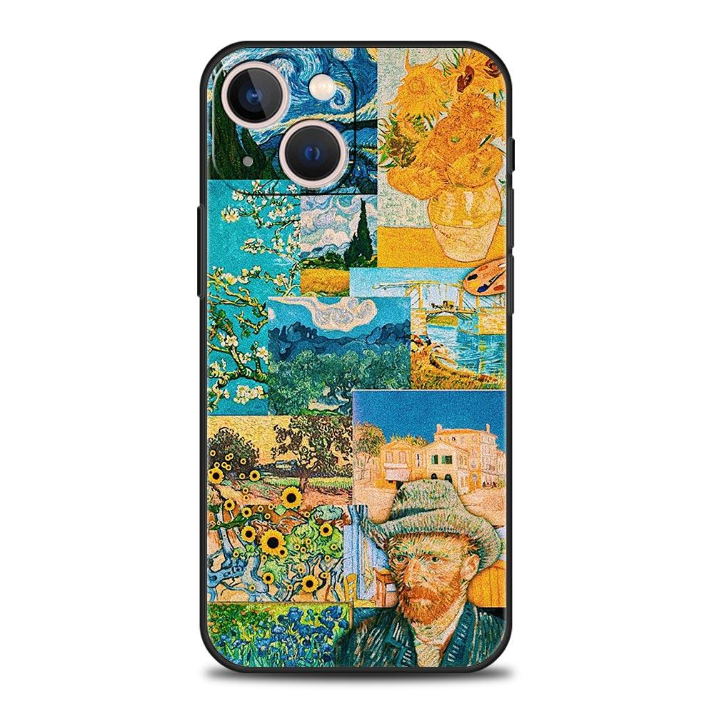 Mona Lisa Van Gogh Oil Painting Art Luxury Phone Case For iPhone 13 15 14 12 11 Pro MAX XR X SE XS 7 8 Plus Soft Black Cover