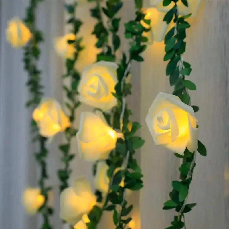 Artificial Rose Flower Vine LED String Light Battery Powered Fairy Lights Artificial Garland For Room Valentine's Day Decoration