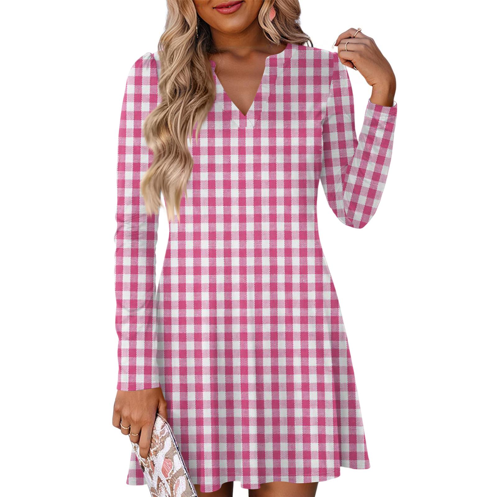

Women s Fashion Plaid V-Neck Long Sleeve Dress S розовый