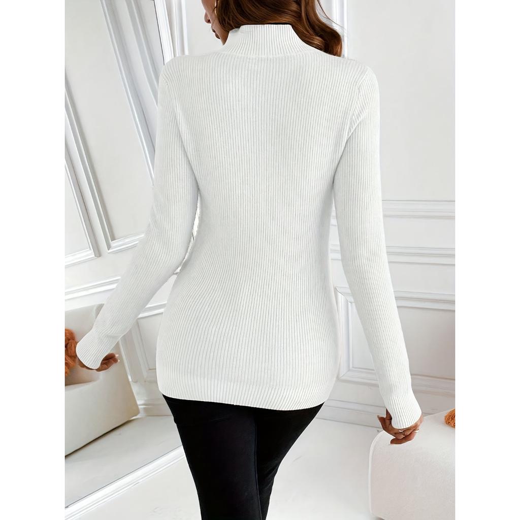 Solid Color Mock Neck Fleece Sweater, Elegant Long Sleeve Thermal Pullover Sweater, Women's Clothing