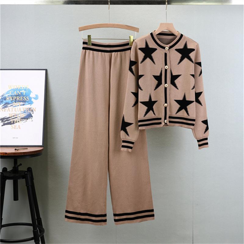 Women's Autumn Fashion Round Neck Knitted Cardigan Set Wide Leg Pants Sports Two Piece Set
