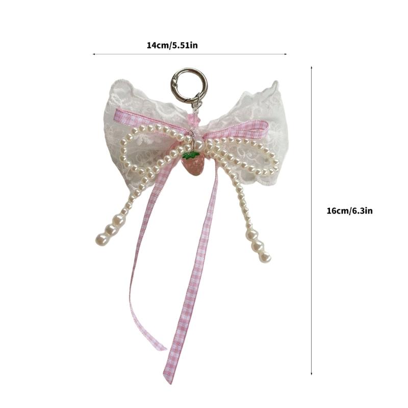 Delicate Pearls and Lace Bowknot Bag Ornament With Gingham Pattern Portable Accessory for Daily Commutes or Dates