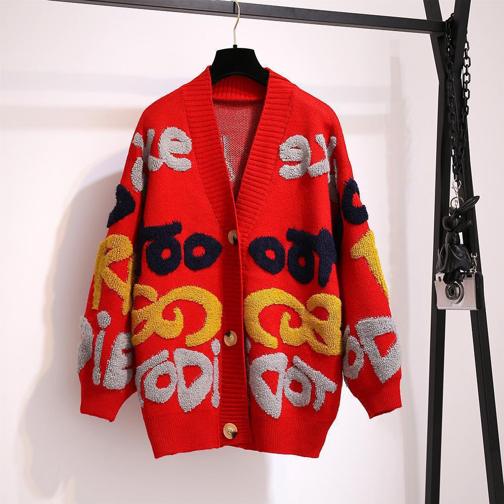 Autumn and Winter Explosion Personalized Letter Jacket Contrasting Colors Large Version Sweater Cardigan V-neck Fashion Lazy Style