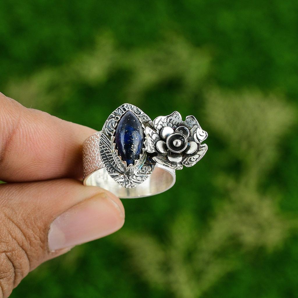 Natural Lapis Lazuli Gemstone Promise Flower Ring Size 8 925 Silver For Girls