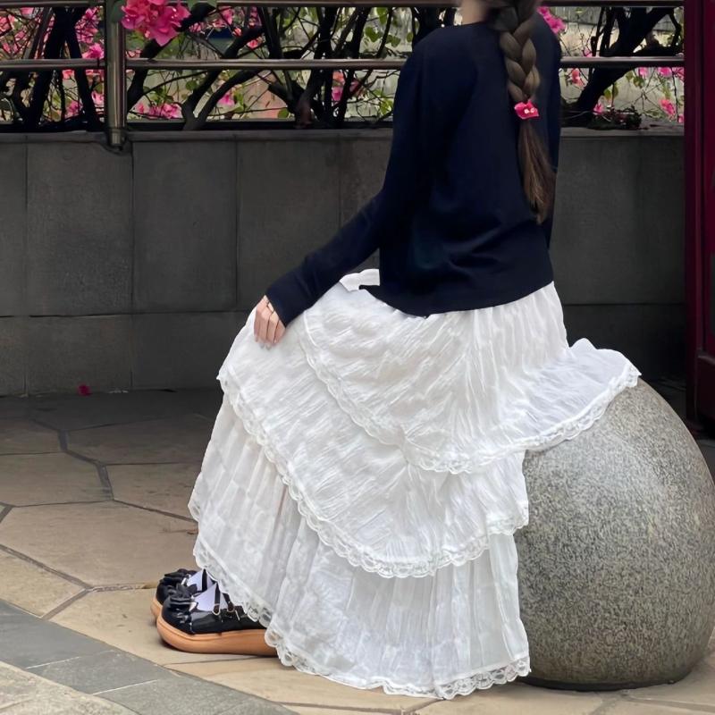 Women's Spring Balletcore Sweet White Lace-Trimmed Chiffon Tiered Puffy Maxi Skirt - High-Waist Tutu Style Half Skirt