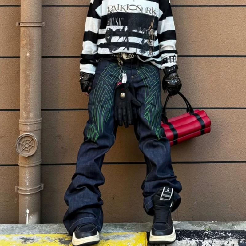 Mens Slim Fit Jeans Punk Style Distressed Printed Denim Pants Teens Casual Wear