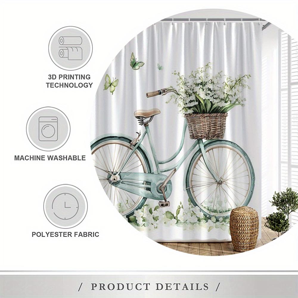 Vintage Bicycle Floral Shower Curtain, Light Turquoise Bike With White Flowers, Polyester, Romantic Bath Decor