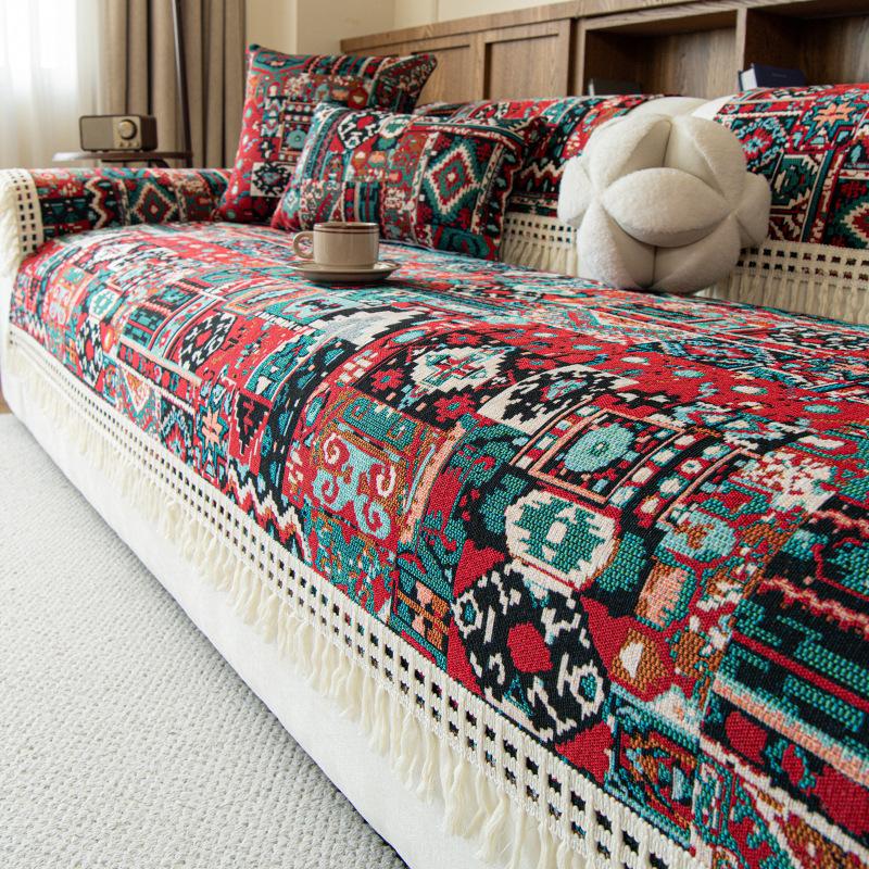 Premium Ethnic Style Sofa Cover Cloth Fixed Anti Slip Straight Row Sofa Cushion One-Piece All Season Universal Retro Classic