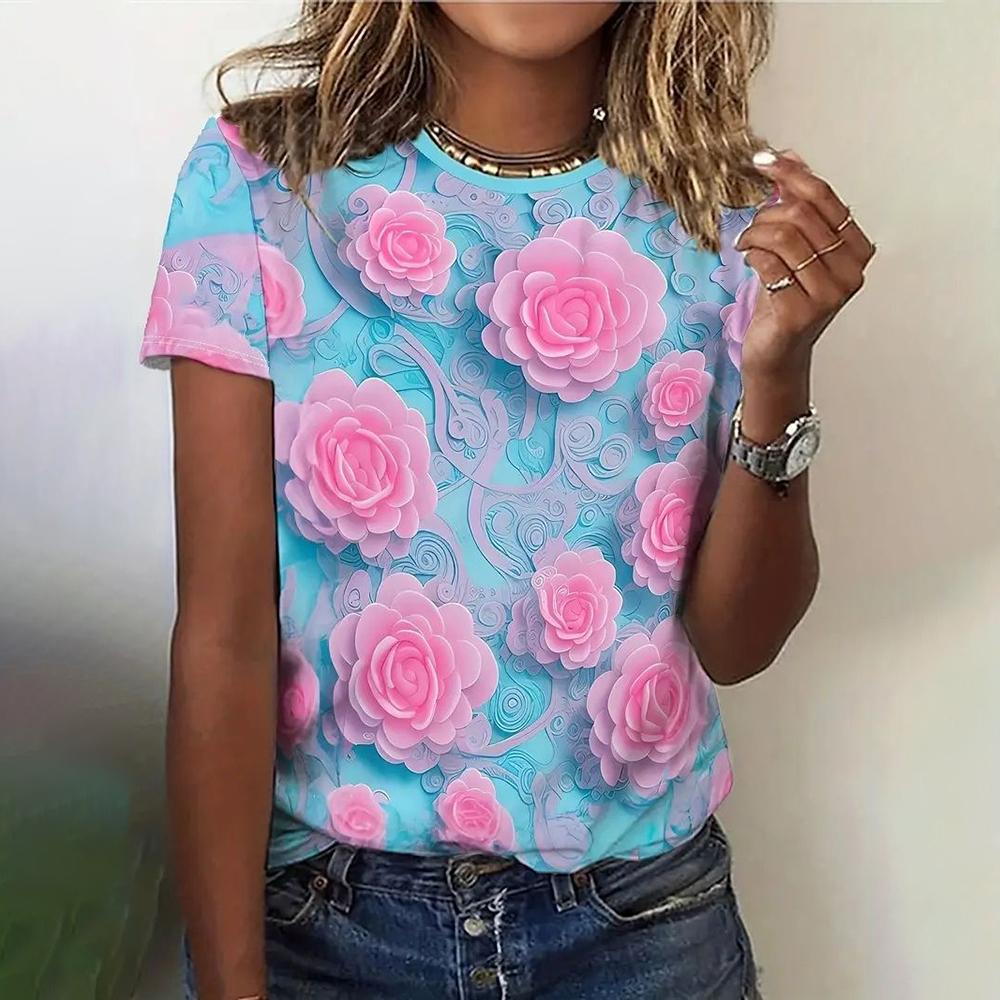 Fashion 3D Floral Print T Shirt for Women Summer Short Sleeve Tees Casual O-Neck Loose Short Sleeve Ladies Top
