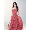 Girls' high-end elegant red plaid suspender dress women's summer new casual temperament waist and thin dress