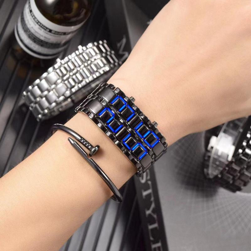 

Корейская версия модных светодиодных часов Lava Steel Band Watch - крутые студенческие мужские повседневные наручные часы с цепочкой blue light чёрный