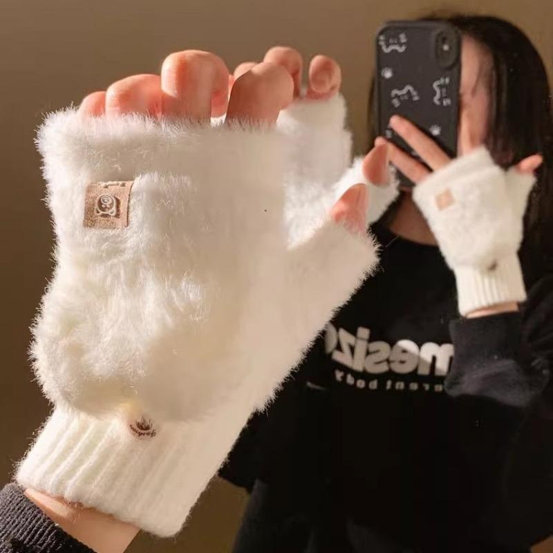 Open finger can be flipped half finger white plush gloves female autumn and winter thickened warm student writing riding