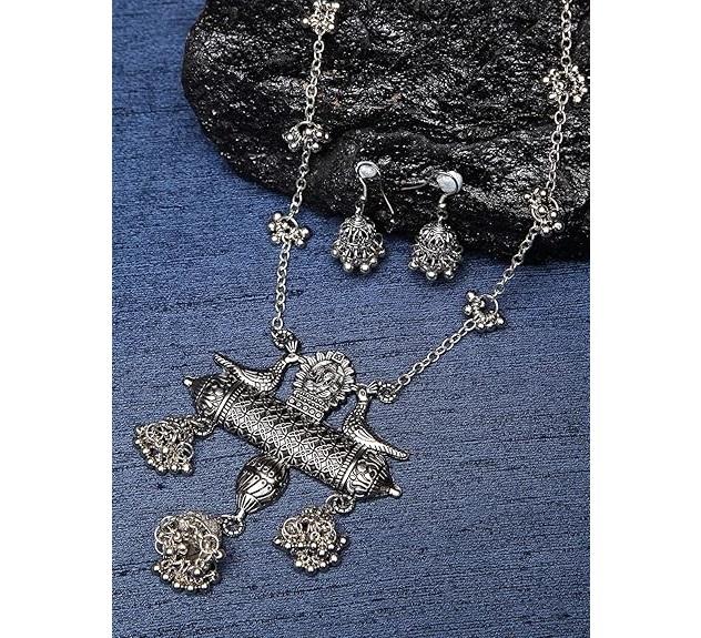 Women's Latest Stylish Design Fancy Oxidised Silver Afghani Chain Pendant Earrings Necklace Jewellery Set
