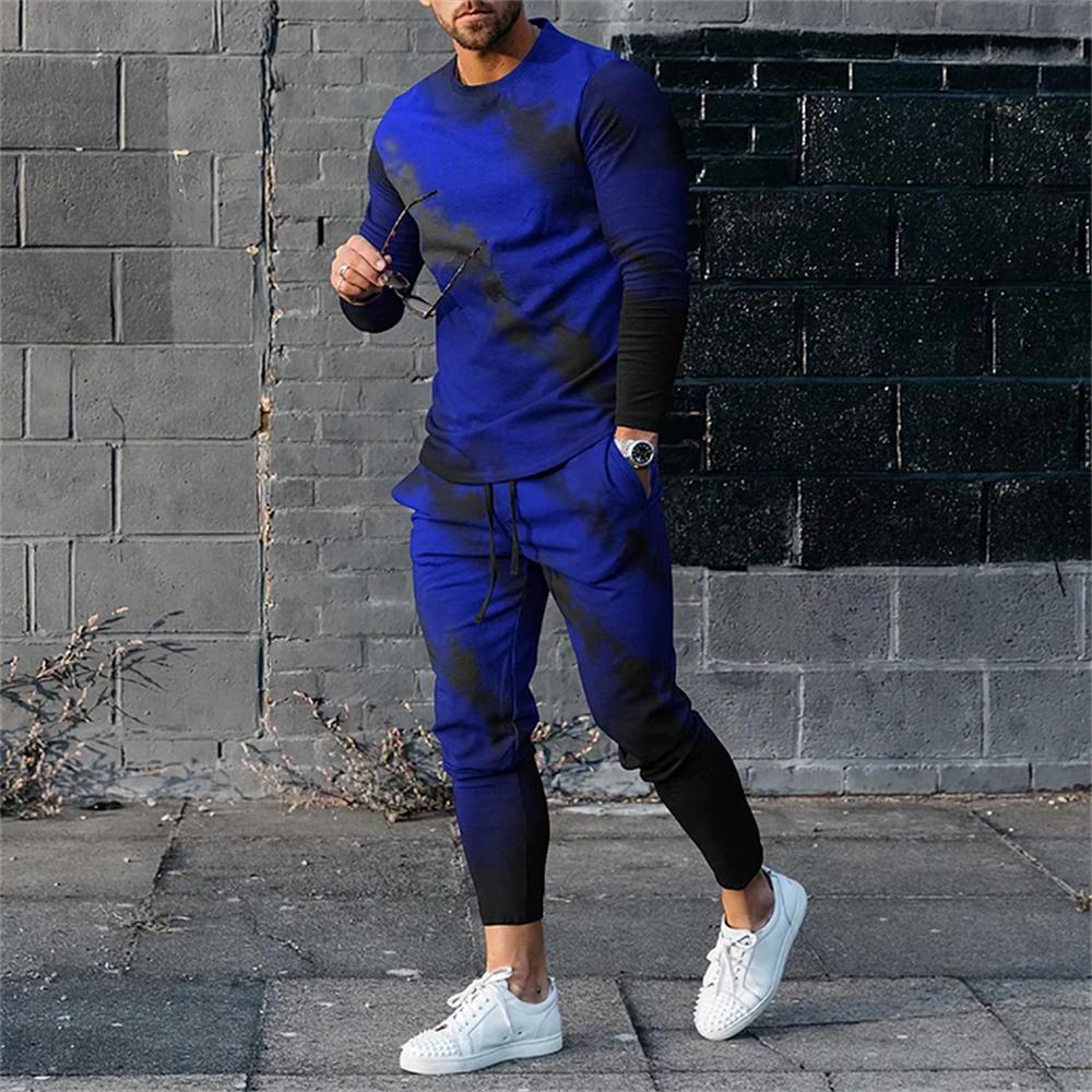 2023 Men High Quality Long Sleeve Set For Man Fashion Summer Design Printed T-Shirt Long Pants 2Pcs Outfit Clothing Sport Suit