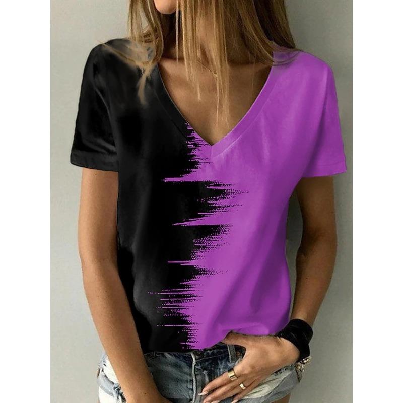 Damen T-Shirt mit Grün Blau Rosa Druck Kurzärmlig Lässig V-Ausschnitt Abstrakt 3D Gedrucktes Malerei T-Shirt