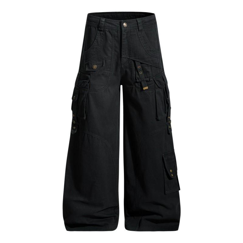Mens Vibe High Street Cargo Pants Solid Color Loose Wide Leg Work Trousers With Multiple Pockets