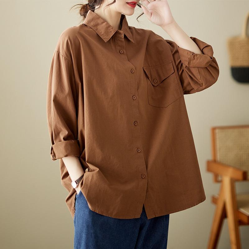 Long Sleeve Art Retro Washed Large Size Loose Blouses Skinny Lapel Collar Single Breasted Shirt Chest Pocket Top for Women