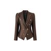 Retro European Double-Breasted Dark Brown Lion-Embroidered Women's Jacket with Padded Shoulders and Cinched Waist