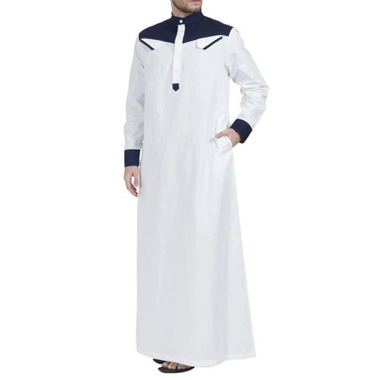 Men Mandarin Collar Long Sleeve Robe Contrast Color Buttons Half Placket Pockets Loose Fit Traditional Robe