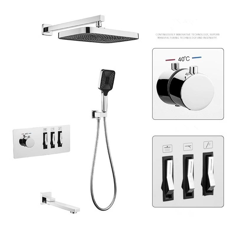 Brushed Gold Thermostatic Bathroom Shower Faucet In Wall Bath and Shower Faucet Set Gray Bathroom Mixer Bath and Rainfall Shower