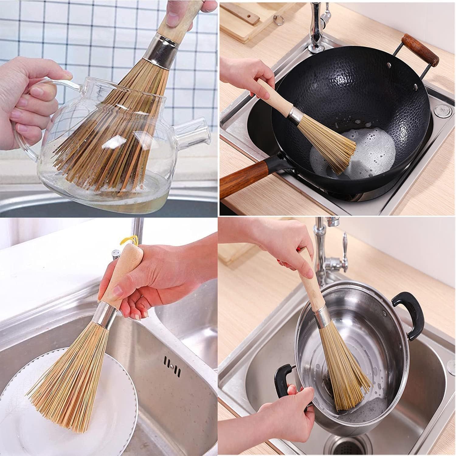2 Packaged Traditional Natural Bamboo Wok Brush,Kitchen Cleaning Brush,Bamboo Kitchen Pan Brush,Used for cleaning tableware,Cast Iron
