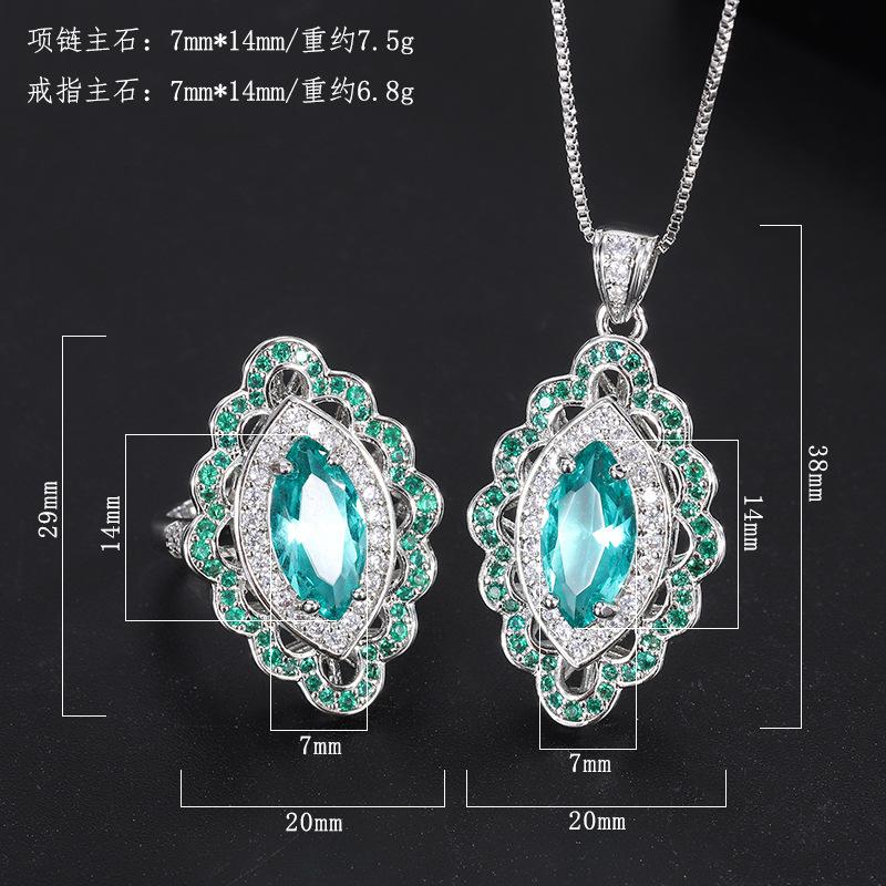 Diamond-encrusted Colored Treasure Ring Jewelry Set, Retro Green Treasure Zircon Necklace, Women's Spar Pendant Set.